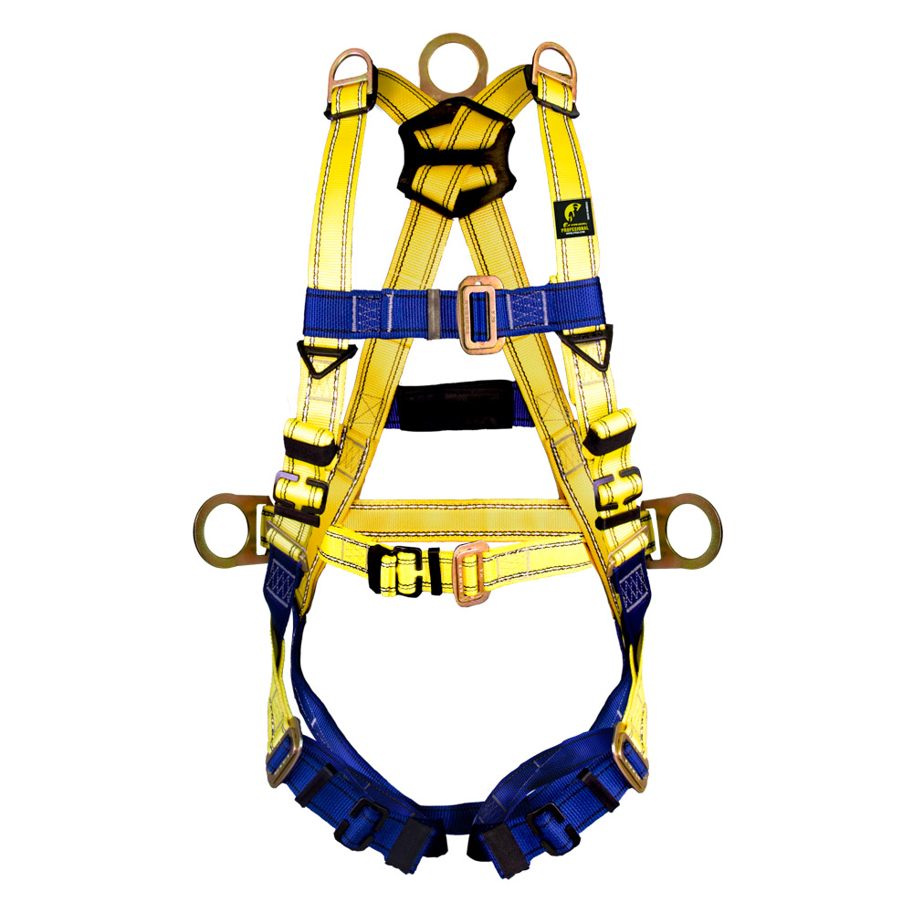 [SIF10-SS-10ACDHD] Fabricado en banda (eslinga) de poliéster de 1 3/4” de ancho, anillo “D” en espalda de acero con recubrimiento de zinc y bicromato para evitar la oxidación. Anillos “D” para posicionamiento en los costados y en hombros para espacios confinados o situaciones de rescate, con seis ajustes: 1 en pecho, 1en cinturón, 2 en tórax y 2 en pelvis. Arneses certificados bajo la Norma ANSI Z359.1.2007