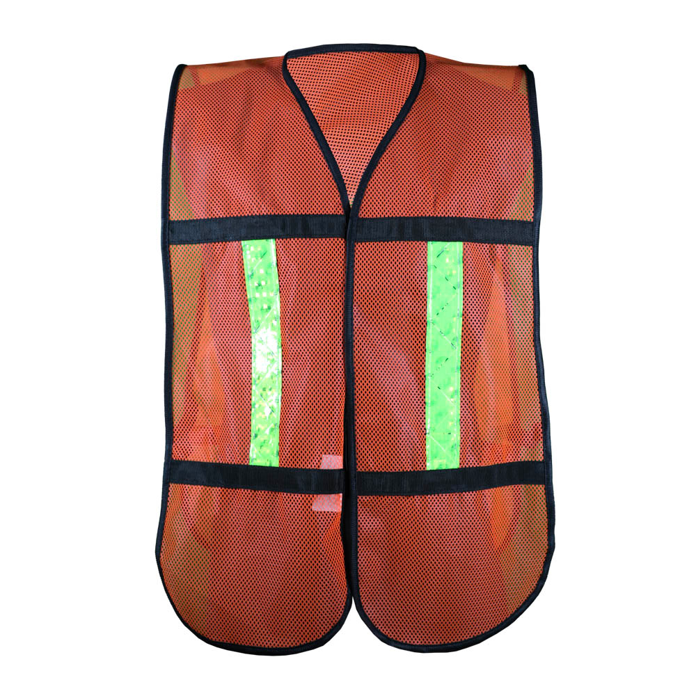 Chaleco de malla anaranjado con reflejante plástico impreso con marca safety road mod SR-1010 unitalla.