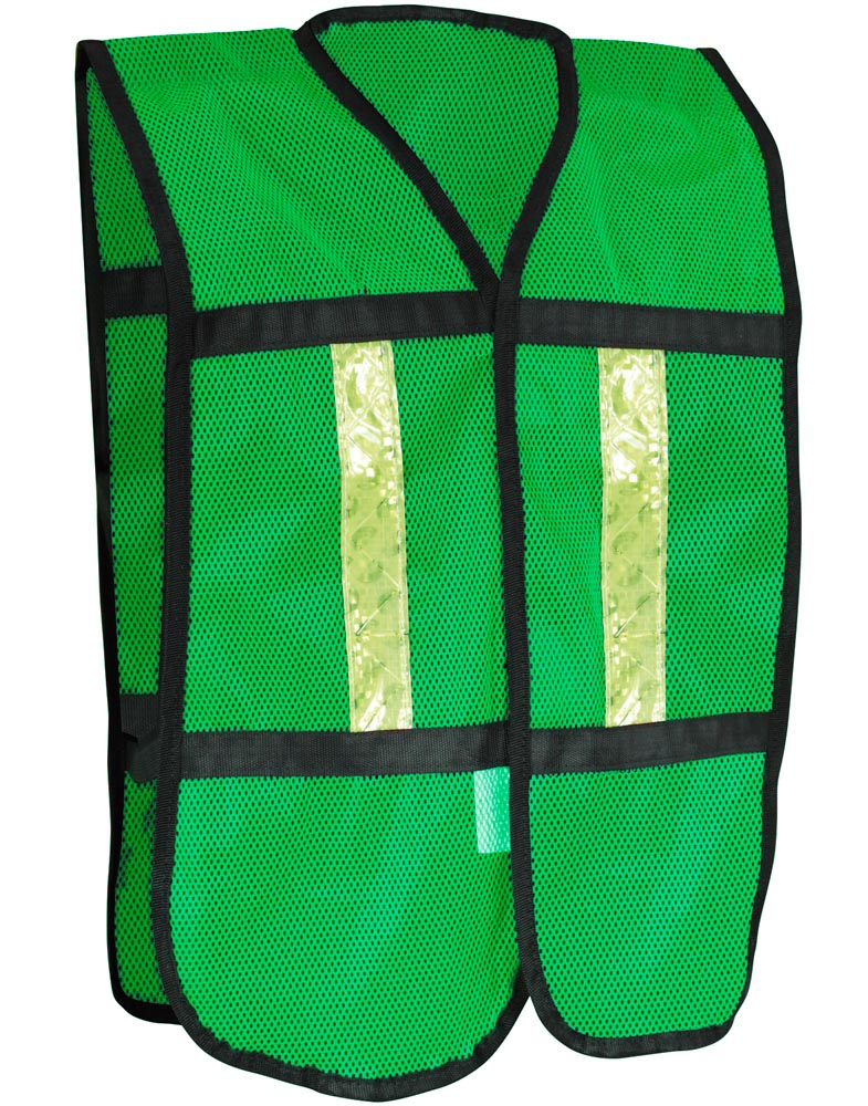 Chaleco de malla verde con reflejante plástico impreso con marca safety road mod SR-1010VCRL unitalla.