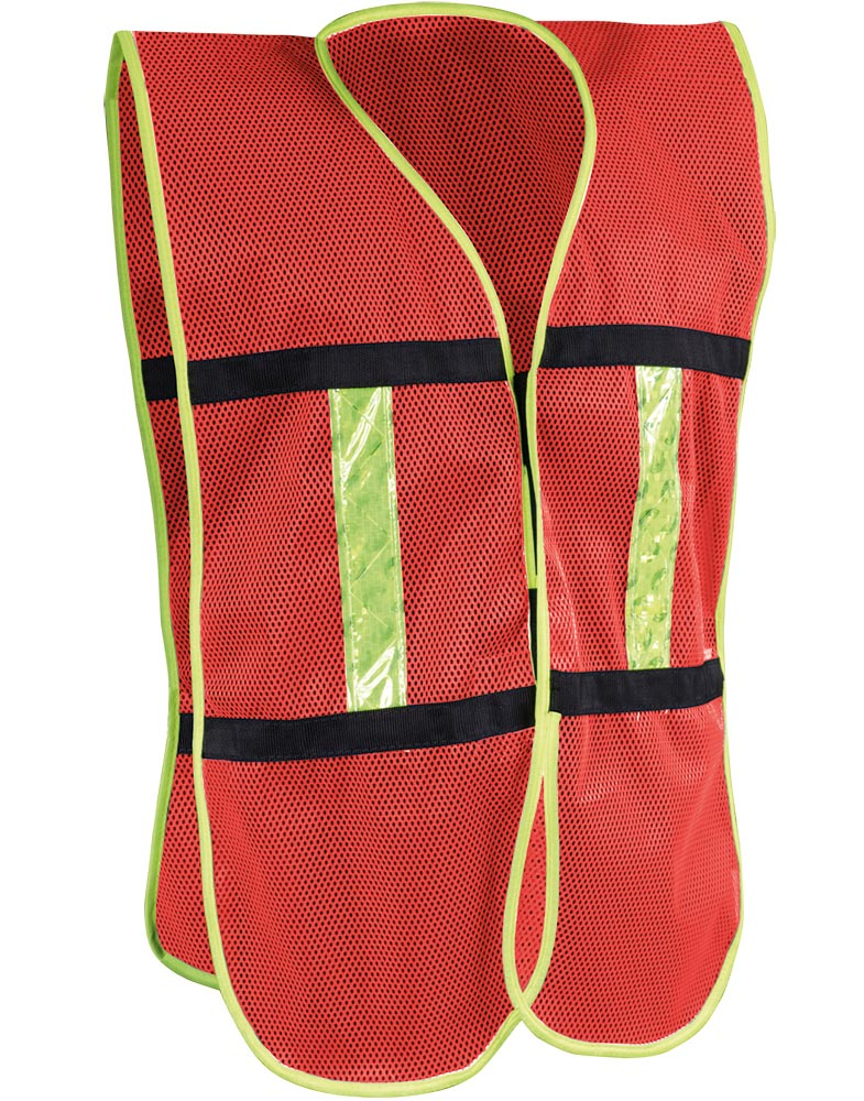 Chaleco de malla unitalla color rojo con bies amarillo de alta visibilidad con cintas reflejantes que tienen la capacidad de reflejar la luz que incida sobre ellas.