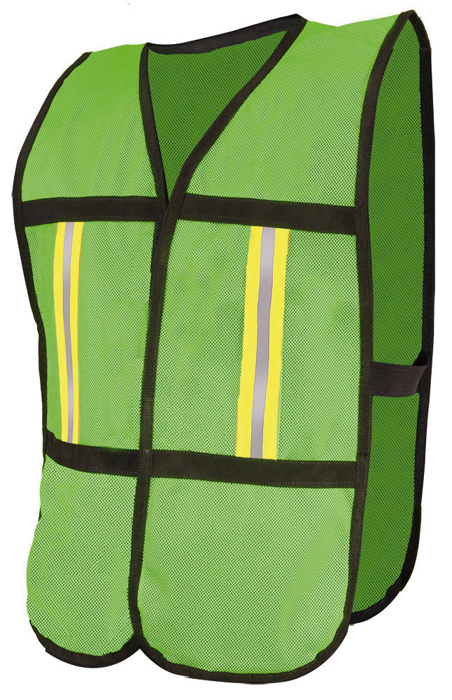 Chaleco de malla verde con reflejante textil impreso con marca safety road mod SR-1012VCR unitalla.