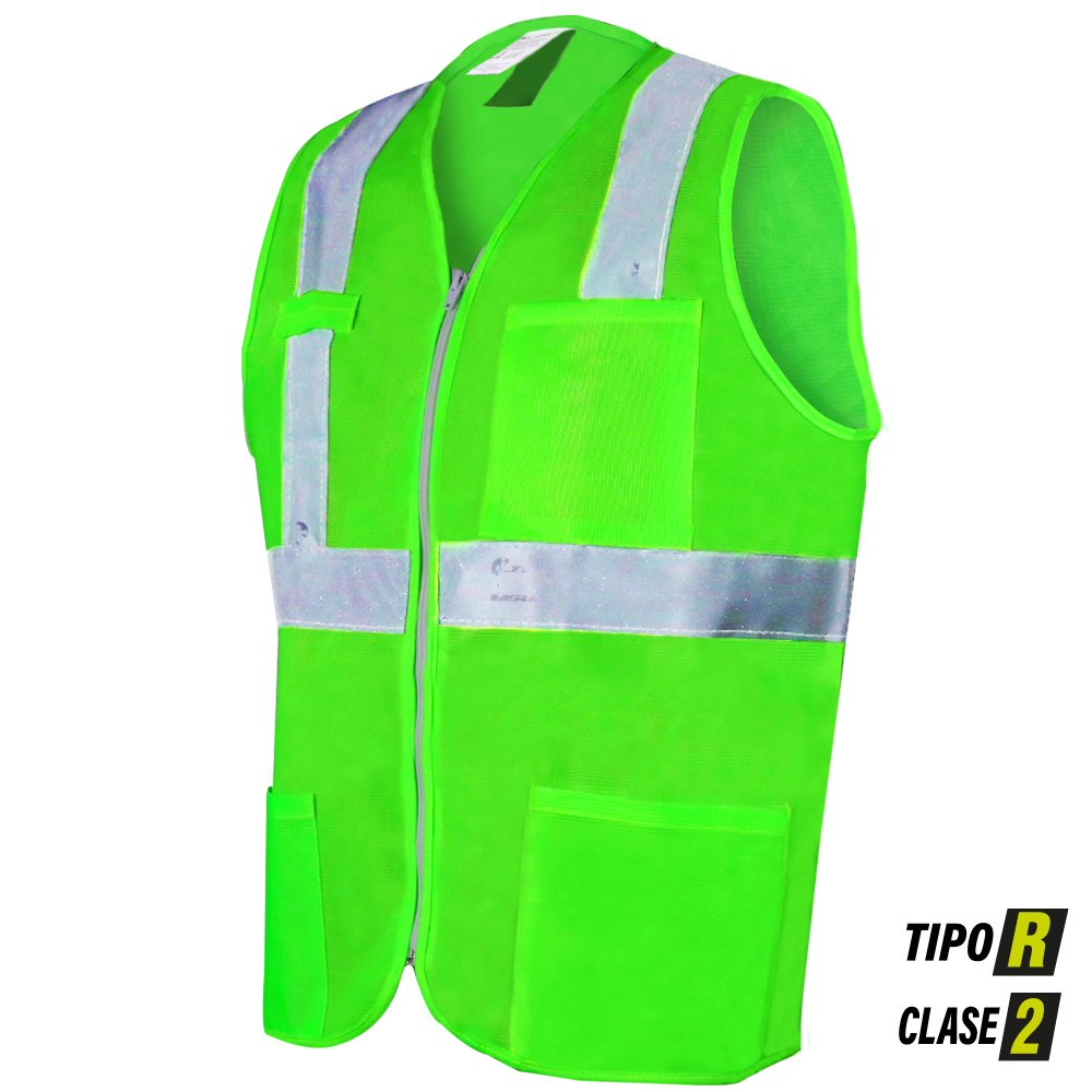 Chaleco sintetico con bolsas y reflejantes color verde talla chica.