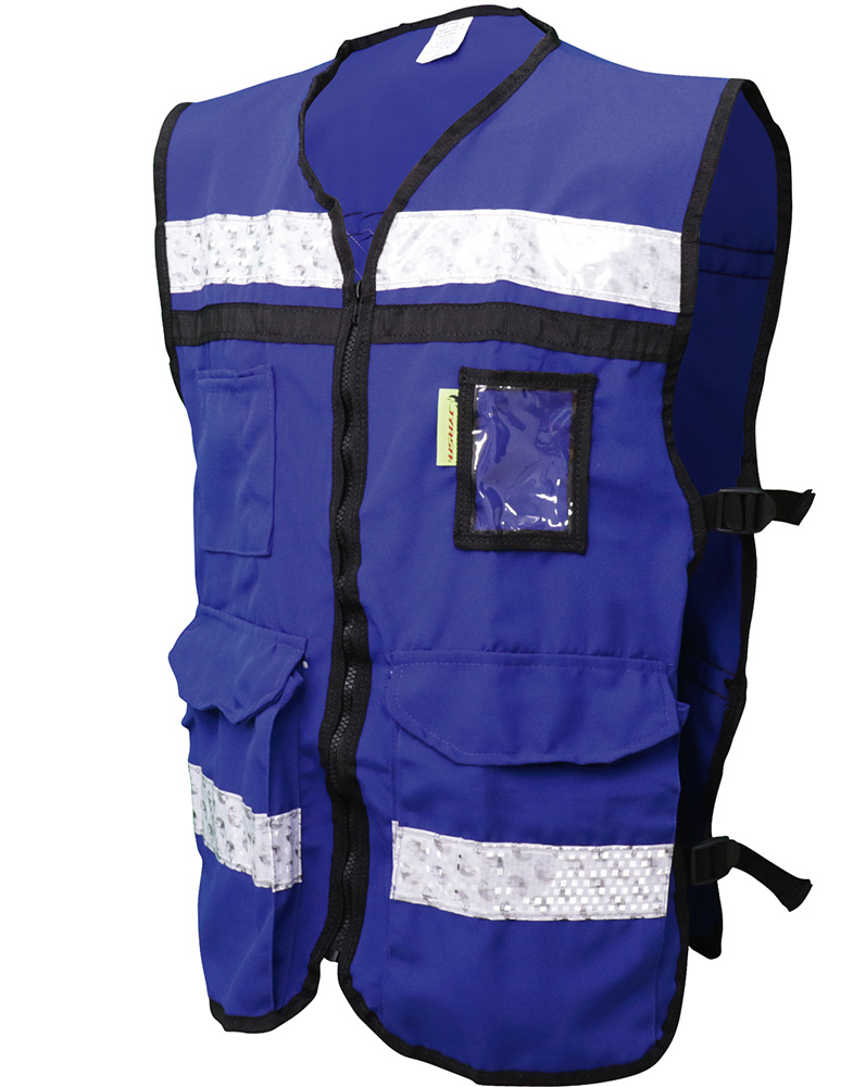 Chaleco color azul con reflejante térmico plástico 100% PVC color plata de 2” de ancho, con microesferas encapsuladas resistente a los cambios de temperatura, zipper de seguridad, tela 70% poliéster, 30% algodón, talla extra grande.