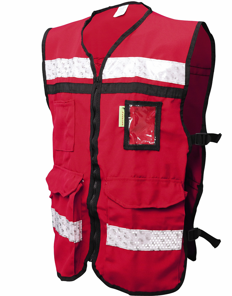 Chaleco color rojo con reflejante térmico plástico 100% PVC color plata de 2” de ancho, con microesferas encapsuladas resistente a los cambios de temperatura, zipper de seguridad, tela 70% poliéster, 30% algodón, talla mediana
