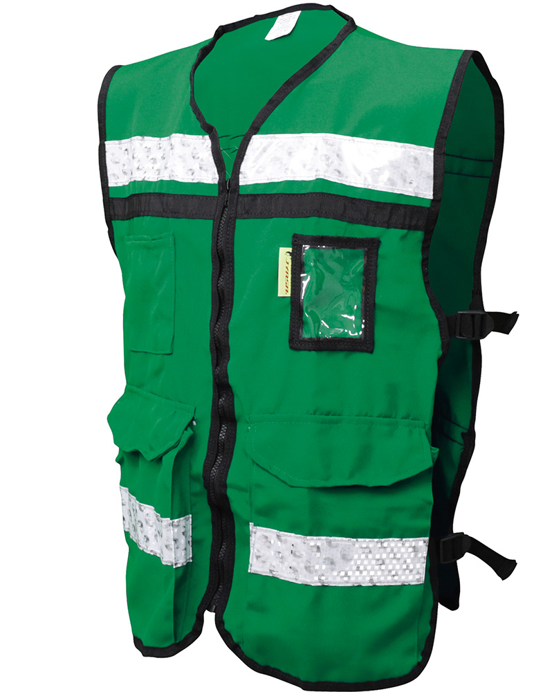 Chaleco color verde con reflejante térmico plástico 100% PVC color plata de 2” de ancho, con microesferas encapsuladas resistente a los cambios de temperatura, zipper de seguridad, tela 70% poliéster, 30% algodón, talla extra grande.