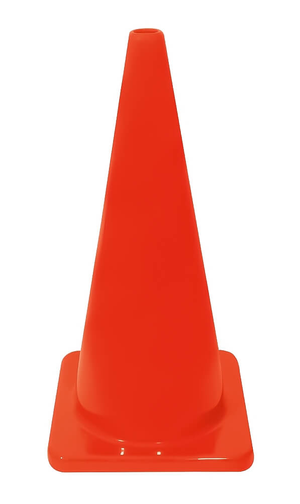 Cono anaranjado brilloso de 71 cms con base con 8 puntos de apoyo.