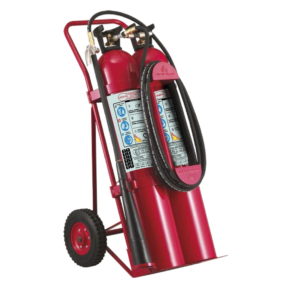 [SIF12_EXTINTOR_MOVIL-100LB] Extintor móvil cargado a base de bióxido de carbono, agente extinguidor limpio, no corrosivo y no conductor eléctrico. Manguera: ½” x 10 m de longitud. Alcance minimo: 3m. Tiempo de descarga:60-90s. Tipo valvula: Tipo Rego de alta presión