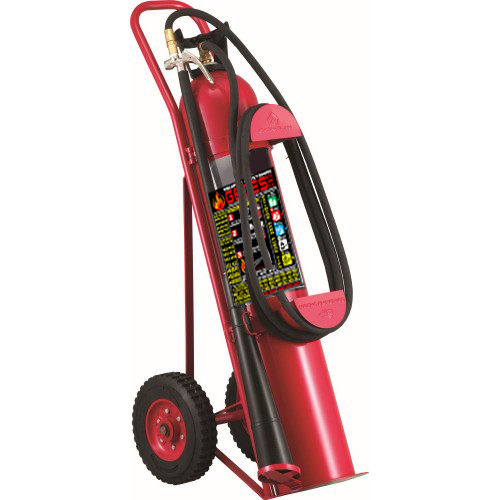 Extintor móvil cargado a base de bióxido de carbono, agente extinguidor limpio, no corrosivo y no conductor eléctrico. Capacidad: 50LB. Manguera: ½” x 5 m de longitud. Alcance minimo: 3m. Tiempo de descarga:30-60s.  Tipo valvula: Tipo Rego de alta presión
