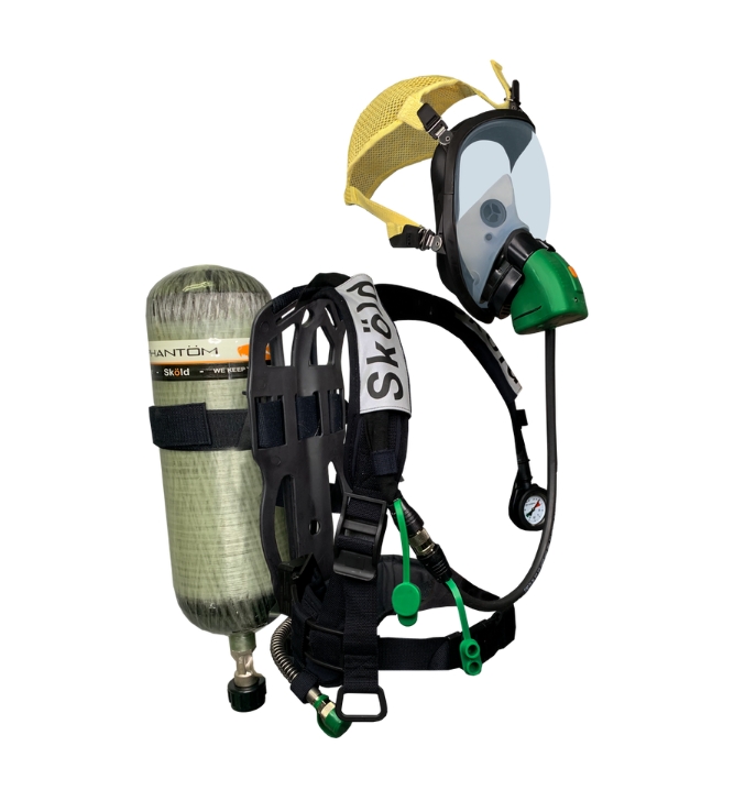 SCBA 2007 Phantom III 60 min fibra de carbon con alarma de hombre caido, display y LEDs en HUD manometro analogo, fullface con radio comunicación (SIN RADIO)