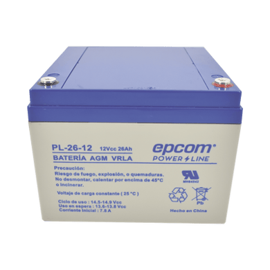 Batería 12 Vcc / 26 Ah / UL / Tecnología AGM-VRLA / Para uso en equipo electrónico Alarmas de intrusión / Incendio/ Control de acceso / Video Vigilancia / Terminales de tornillo M5 ( HEX ) / Cargador recomendado CHR-80.