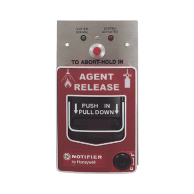 Dual action releasing station with abort, red, terminal block, notifier key lock.