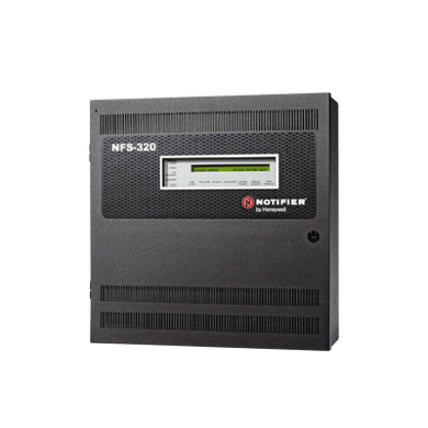 NFS-320 Intelligent Fire Alarm Panel; Single Printed Circuit Board with one SLC loop (318 devices), - Back-lit, 80 Character Display, System and Programming Keypad and 6.0A Power supply, 120 VAC, Includes door, dress panel and back box, Black.