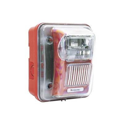 Weatherproof wall mount horn/strobe, 24VDC, 75CD, 100 DBA @ 10', red.