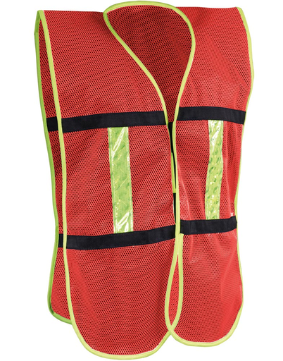 [SIF10-SR-1011RCRL] Chaleco de malla unitalla color rojo con bies amarillo de alta visibilidad con cintas reflejantes que tienen la capacidad de reflejar la luz que incida sobre ellas.