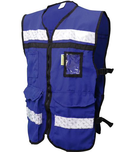[SIF10-SR-2040AZRCRGD] Chaleco color azul con reflejante térmico plástico 100% PVC color plata de 2” de ancho, con microesferas encapsuladas resistente a los cambios de temperatura, zipper de seguridad, tela 70% poliéster, 30% algodón, talla grande.
